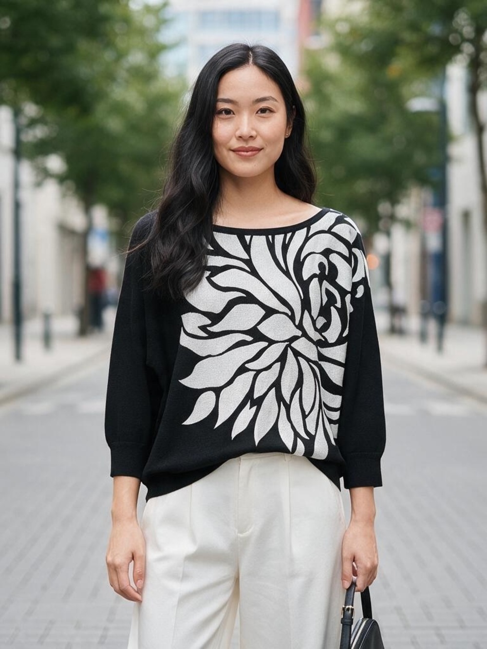 White House Black Market - Black & White Floral Boatneck Sweater M